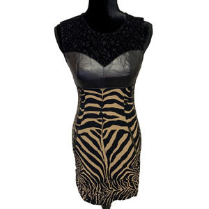 Tracy Reese Anthropology Dress Sz 2 Black Lace Lamb Leather Zebra Bodycon Dress